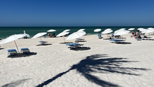 Une plage avec des parasols blancs et des chaises longues, un ciel dégagé et une mer calme.