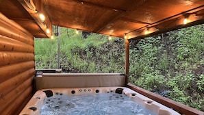 Un jacuzzi con panel de control, rodeado de paredes y un muelle de madera, con vista a la vegetación.