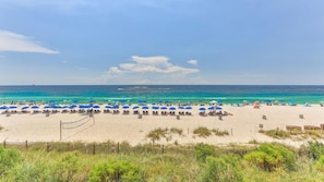 A beach with rows of sun loungers and umbrellas, a wooden fence, and the ocean in the background.