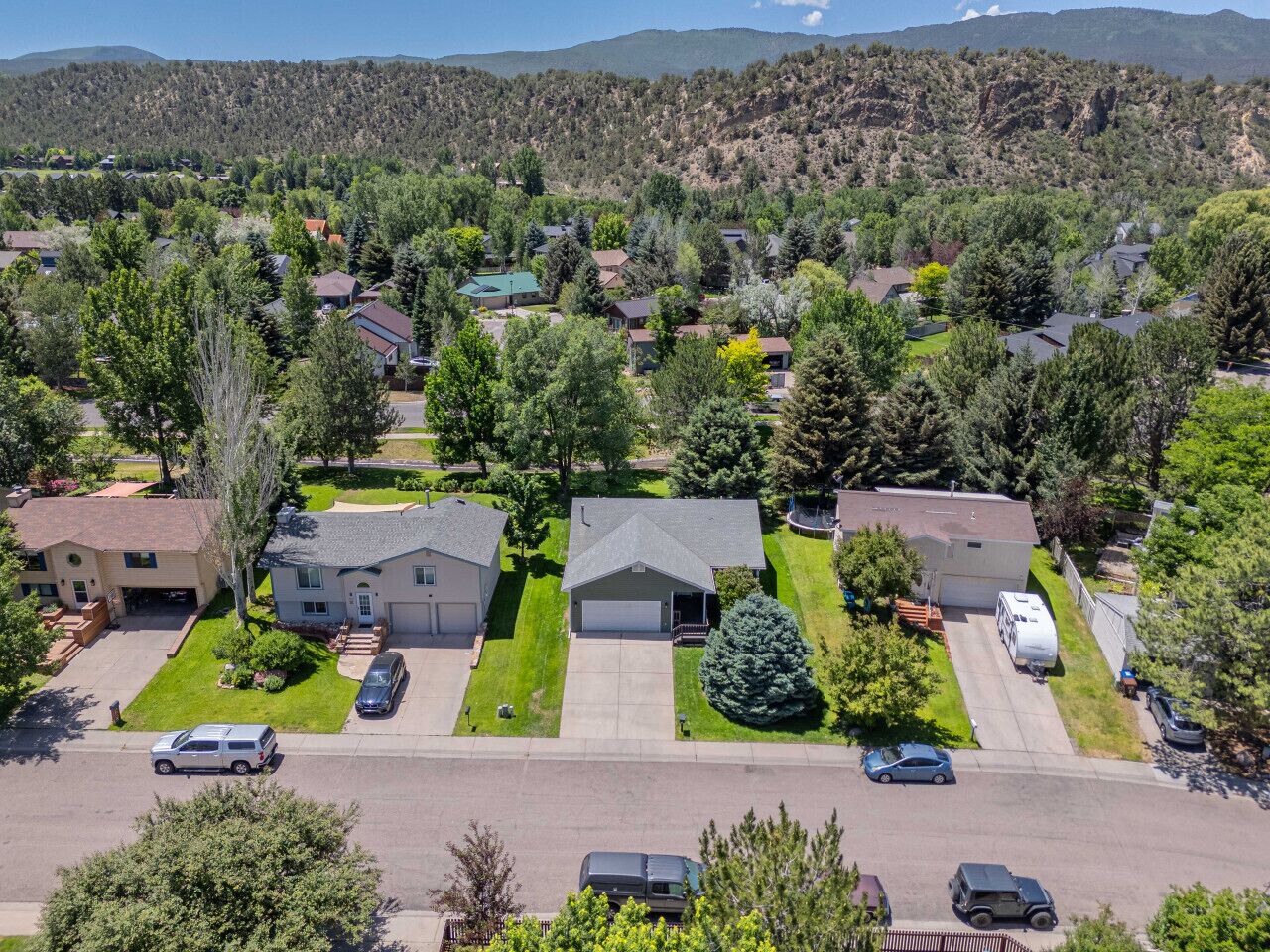 A residential area with houses, a driveway, and a mountain backdrop.
