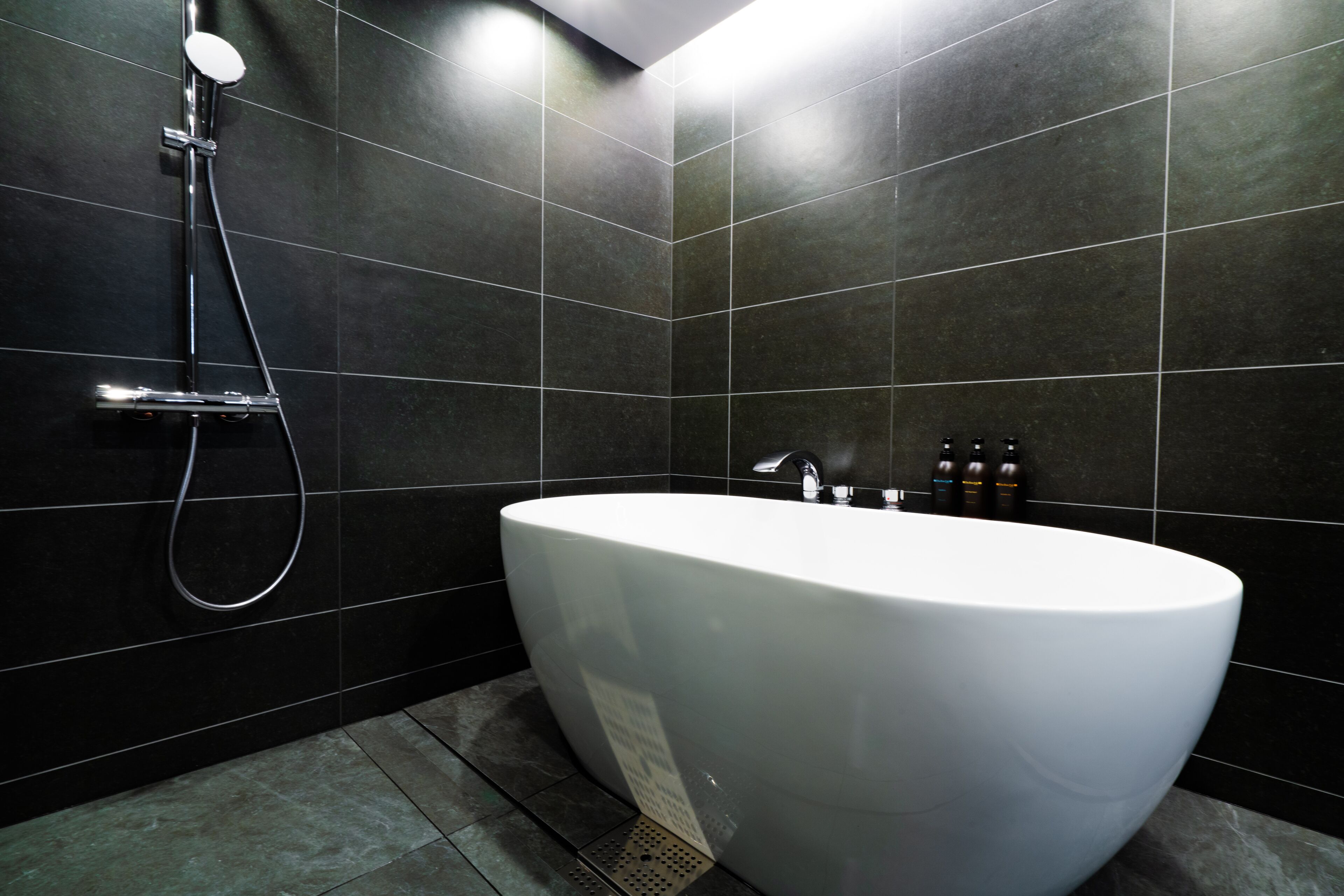 A modern bathroom with a freestanding bathtub, a handheld showerhead, and a set of toiletries on the wall.