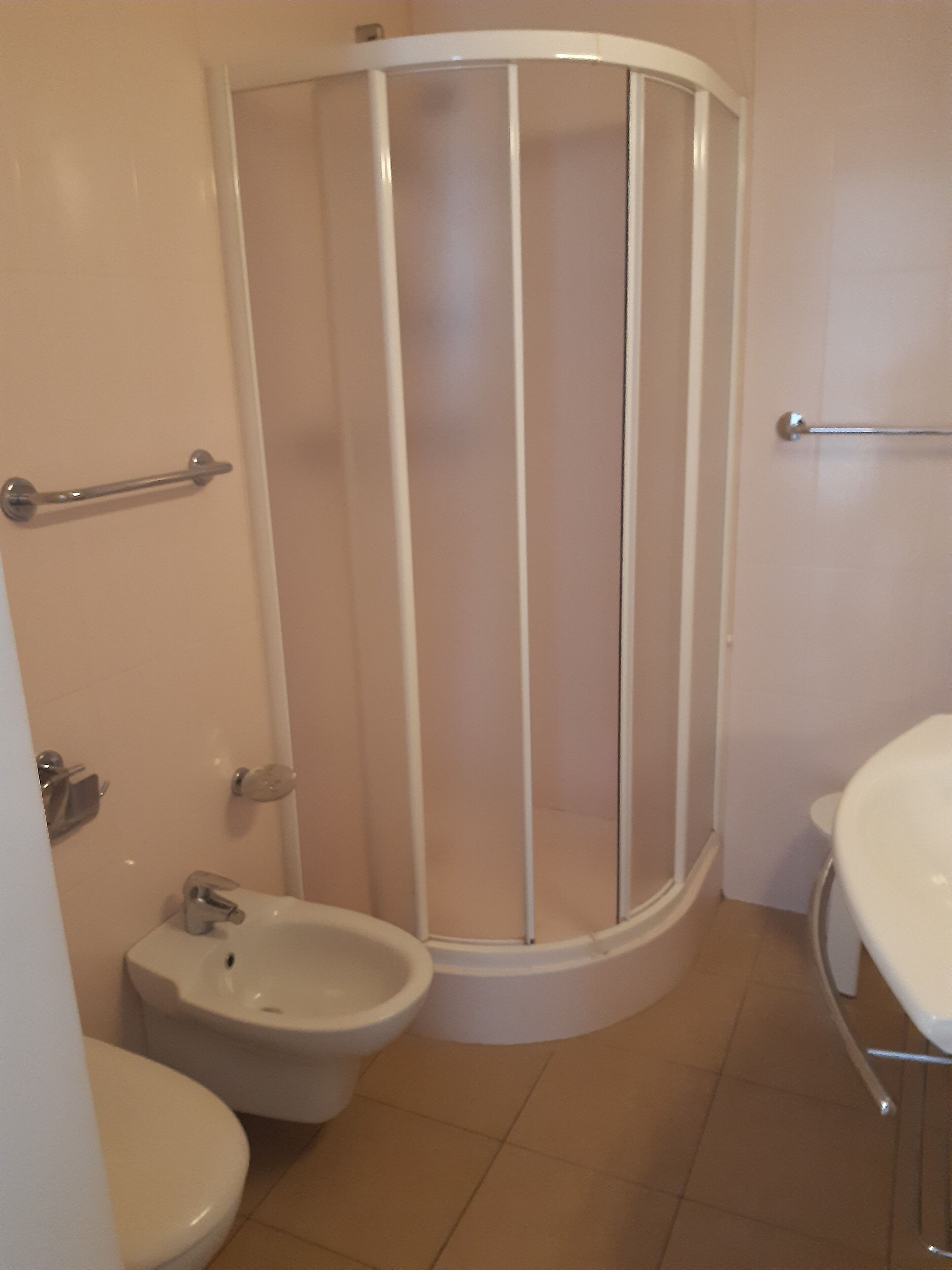 Un baño con cabina de ducha, un bidé y un lavamanos.