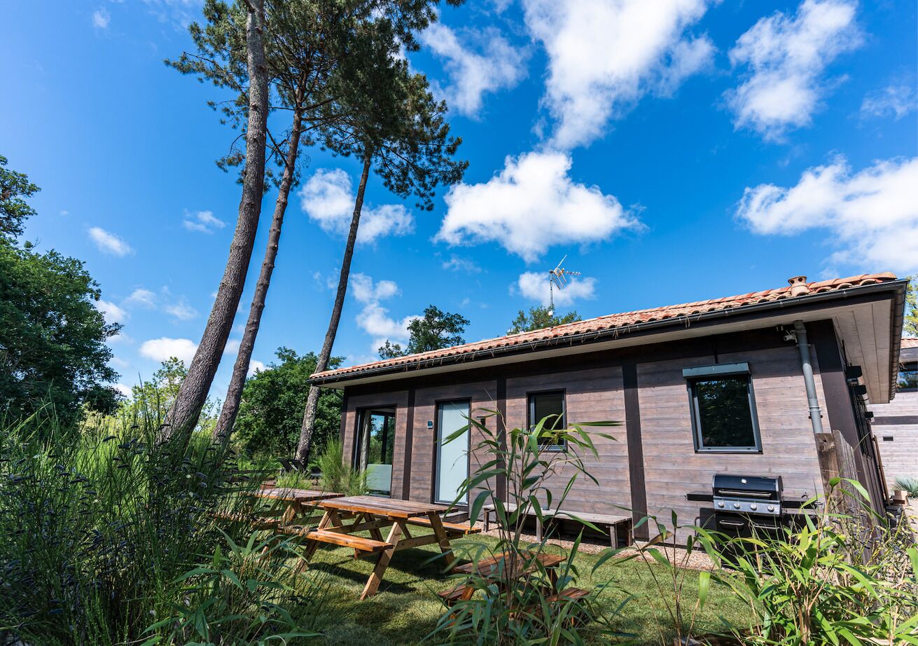 Une maison moderne dotée d’un patio, d’un barbecue et entourée de grands arbres.