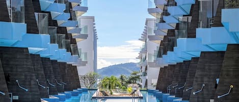 Outdoor pool, pool umbrellas