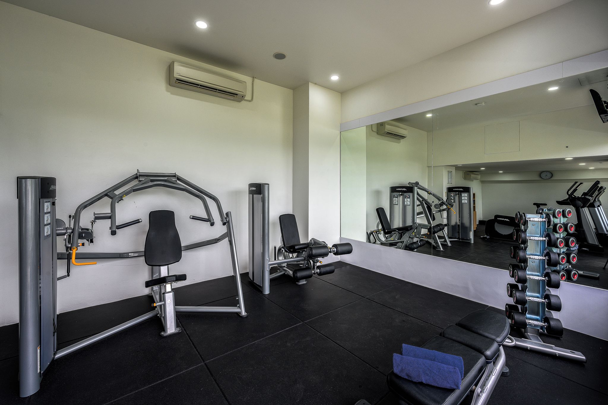 Un gimnasio con varios equipos de ejercicio, como una jaula para sentadillas, banca de pesas y mancuernas.