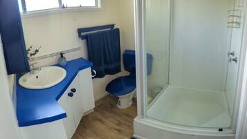 Combined shower/bathtub, hair dryer, towels, shampoo