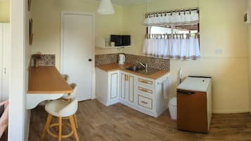 Fridge, microwave, electric kettle, toaster