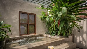 A serene indoor garden with a small water feature, steps leading to a seating area, and lush green plants.