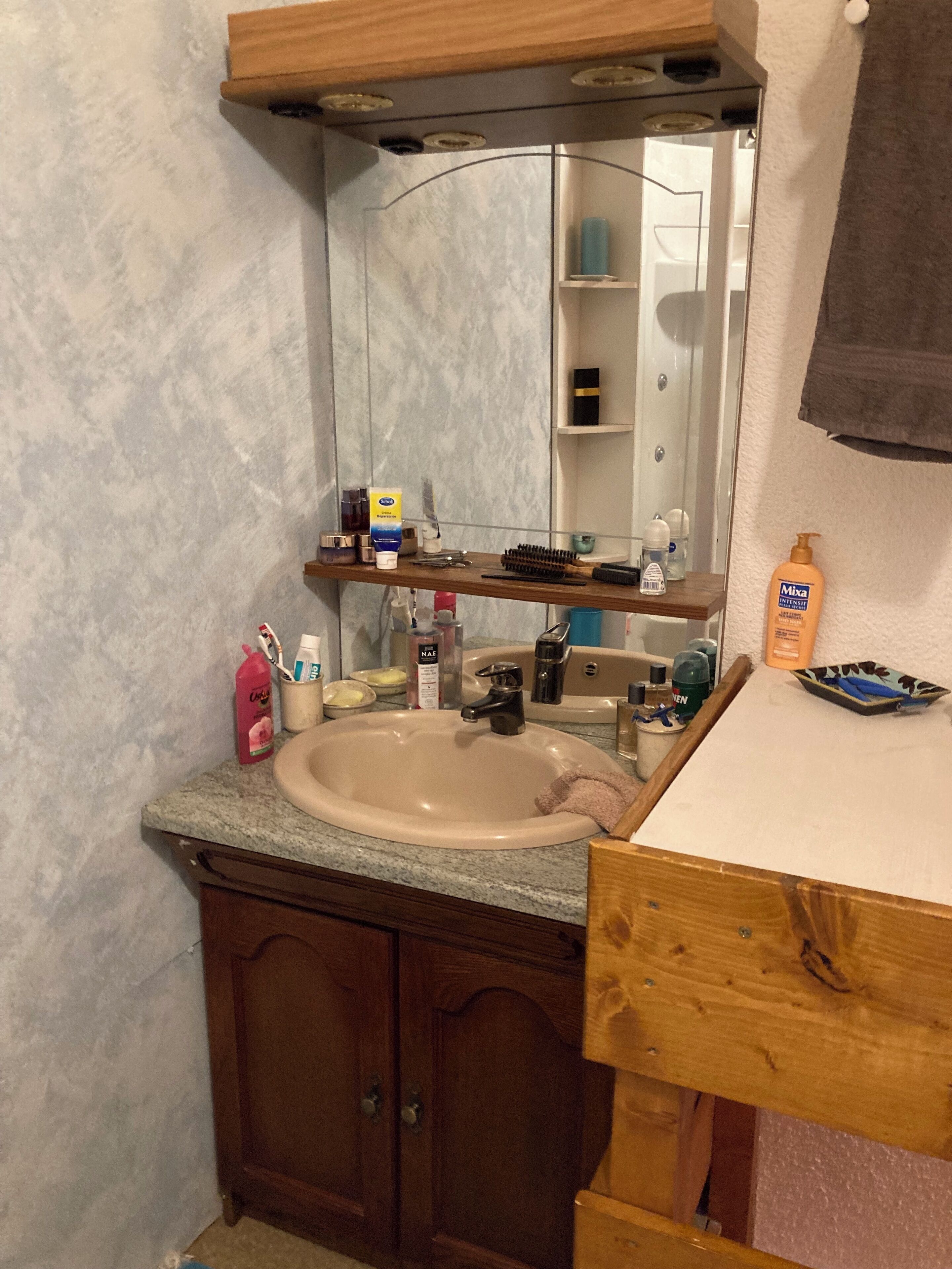 Un bany amb un lavabo, un mirall i armaris de fusta.