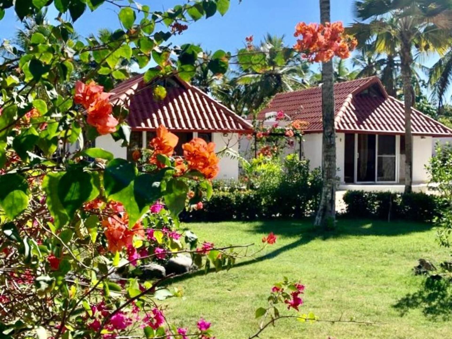 A house with a red-tiled roof and a white exterior, surrounded by lush greenery and flowering plants.