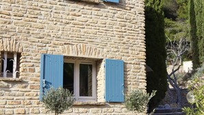 A stone building with two windows, each with blue shutters. There are potted plants in front of the building.
