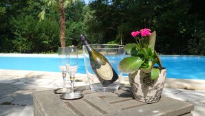 Ein Poolbereich mit einer Weinflasche, einem Glas und einem Blumentopf.