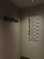 Pared con números de habitaciones y etiquetas para la recepción y el vestíbulo de un hotel.
