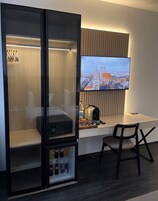 Shower, rainfall showerhead, hair dryer, slippers