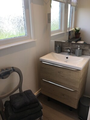 Regadera, secadora de cabello, toallas, jabón 