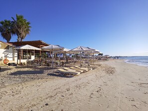 A beachside restaurant with outdoor seating and umbrellas, a sandy beach, and a palm tree.