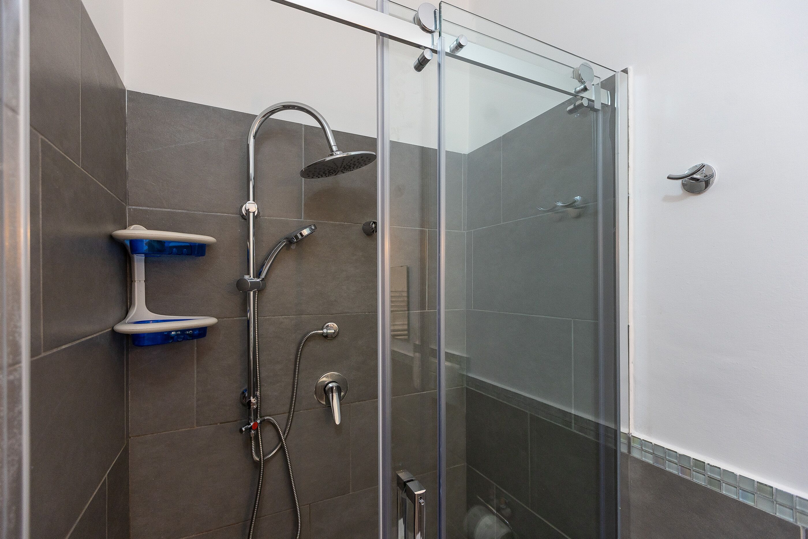 Une douche fermée par des parois en verre, dotée d’un pommeau de douche à main, d’un robinet mural et d’un porte-savon bleu.