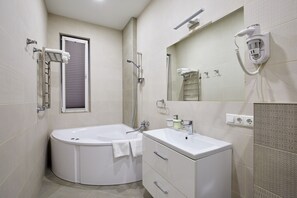 Combined shower/tub, jetted tub, hair dryer