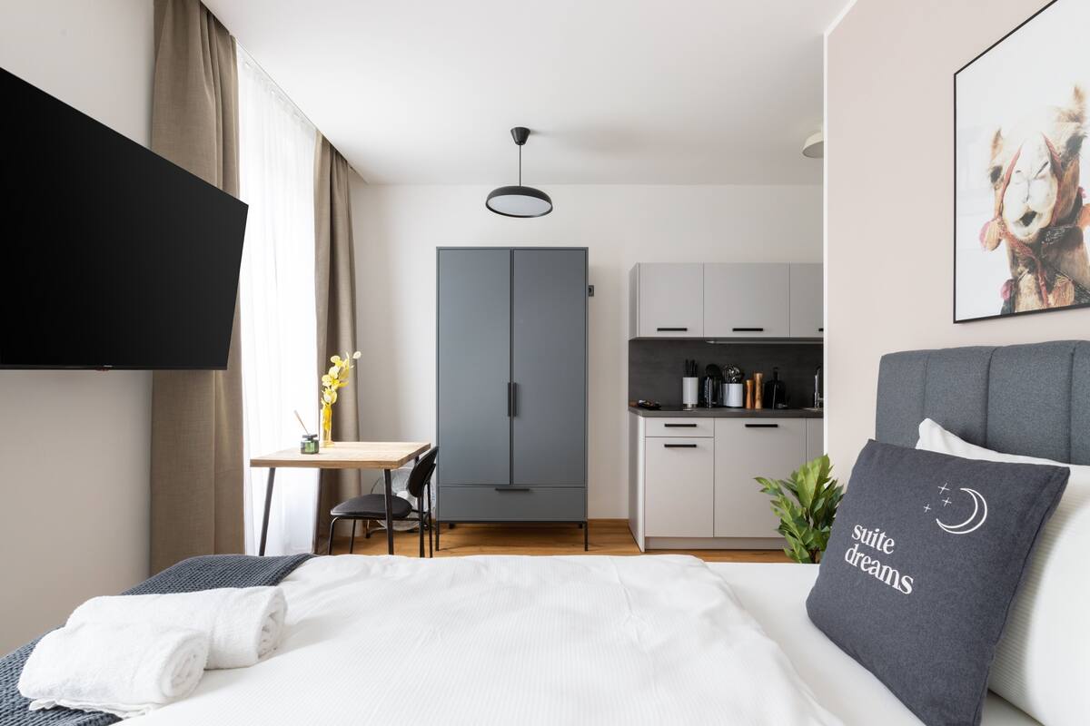 Een moderne hotelkamer met een bed, een bureau, een kledingkast en een kitchenette.