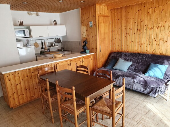 Cozy living space with a kitchenette, dining table, and sofa.