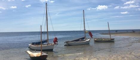 Three boats tied to the shore on a beach with a clear sky.