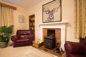 A living room with a fireplace, leather chairs, a bookshelf, and a large deer painting.