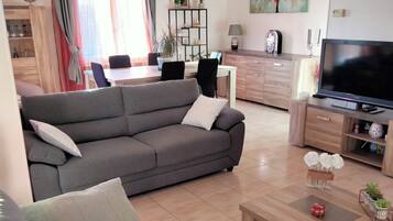 Télévision, cheminée, livres