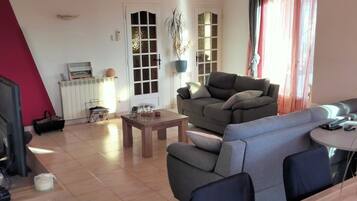 Télévision, cheminée, livres