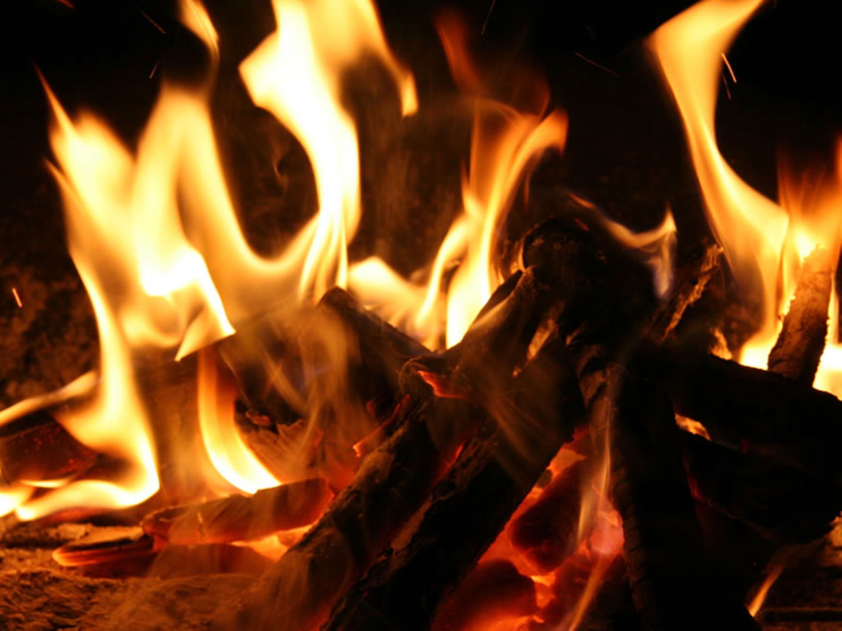 Primer plano de un fuego con llamas consumiendo leña.