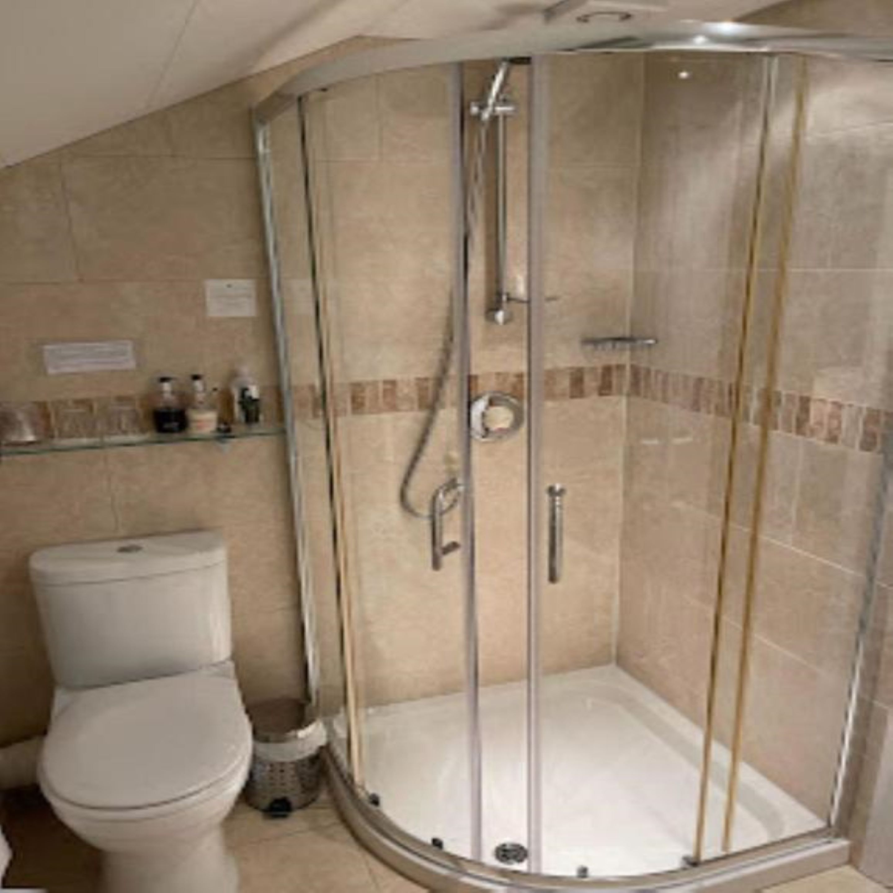 A bathroom with a glass-enclosed shower, a toilet, and a tiled wall.