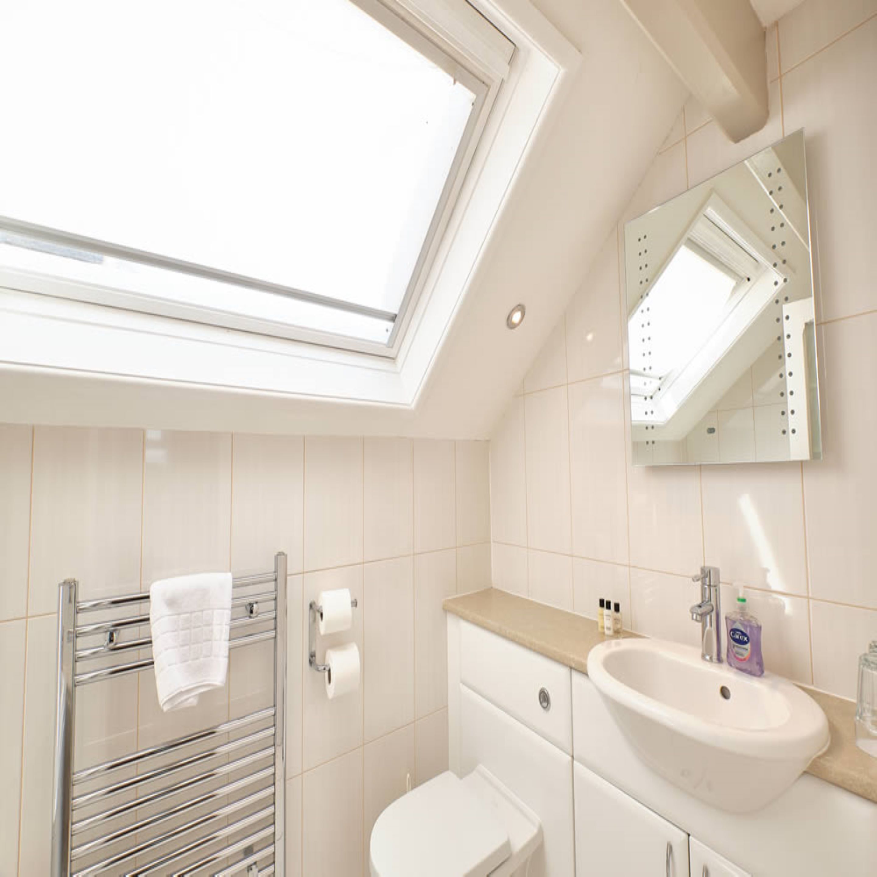 A modern bathroom with a skylight, a toilet, a sink, and a towel rack.