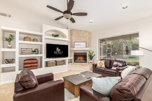 TV, fireplace, books