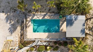 Luchtbeeld van een zwembad, omringd door palmbomen en een overdekt gedeelte, met een houten terras en een klein bootje.