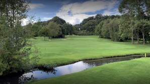 Un campo de golf con un estanque, rodeado de árboles y un cielo despejado.