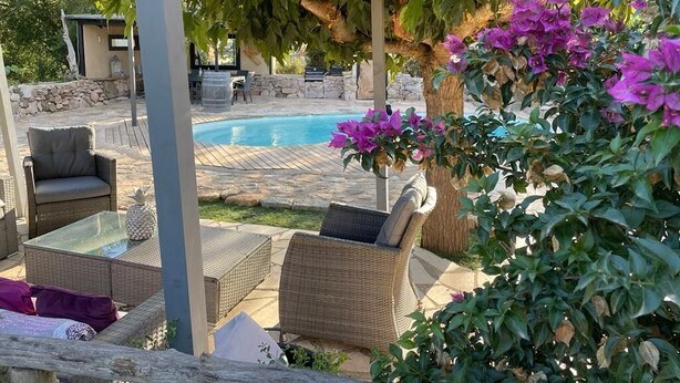 A covered outdoor seating area with wicker furniture, a pool, and lush greenery.