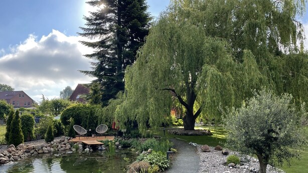 Ein Garten mit Teich, einer Weide und einer kleinen Brücke.