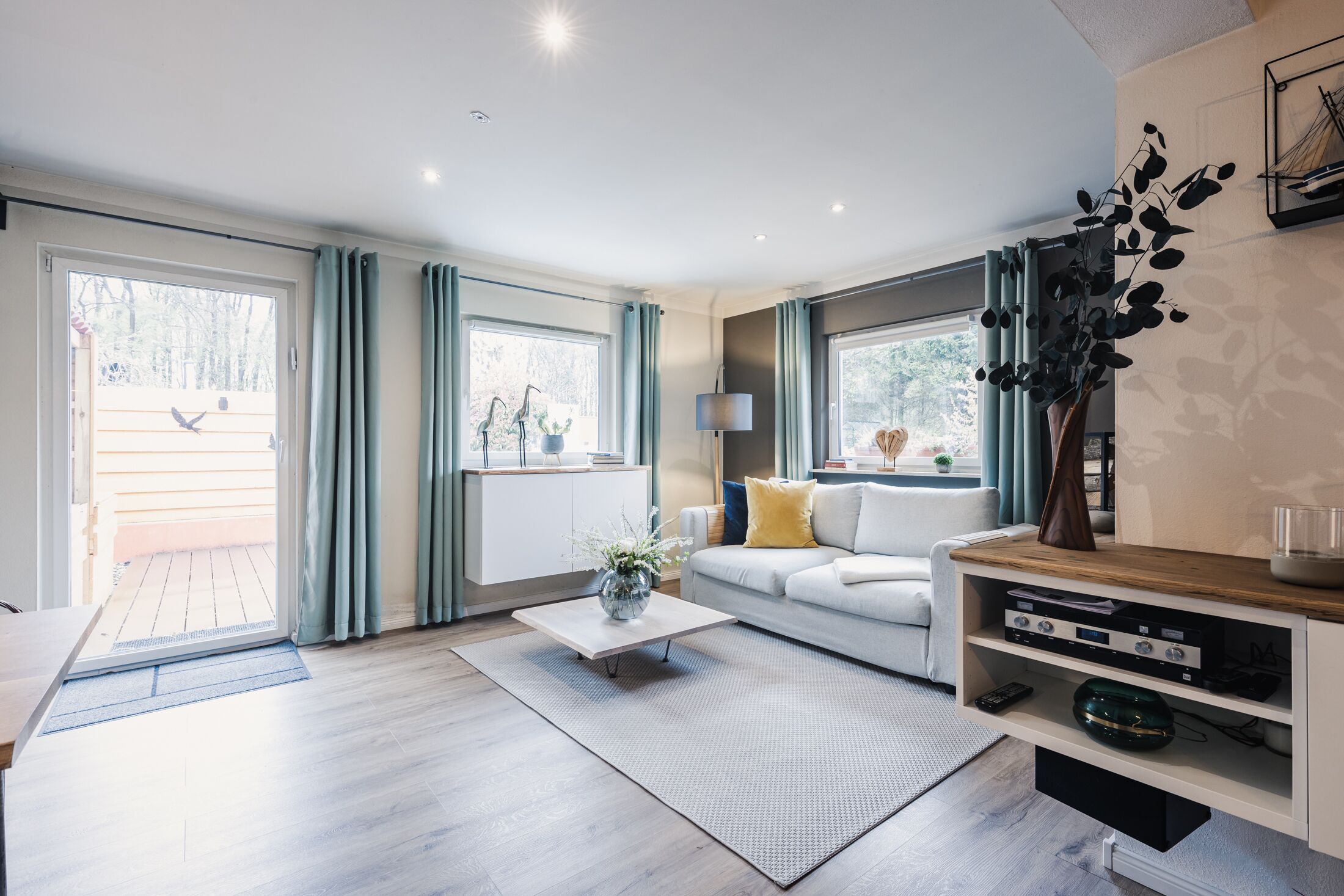 Smart TV, fireplace, books, stereo