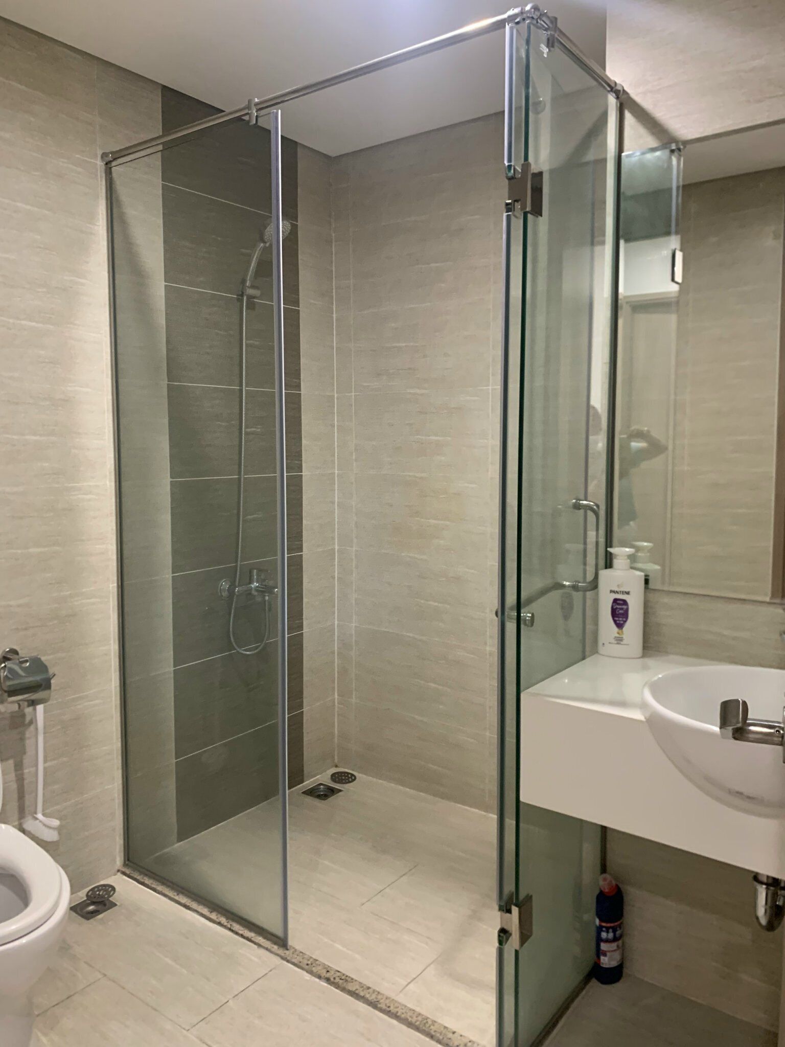 Un baño moderno con ducha de vidrio, lavamanos blanco y un inodoro.