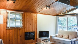 A cozy cabin interior with wooden walls, a television on a stand, a sofa, and a window with blinds. - 2 bedroom accommodation in Charlcot, near Masham (Charlcot, near Masham)