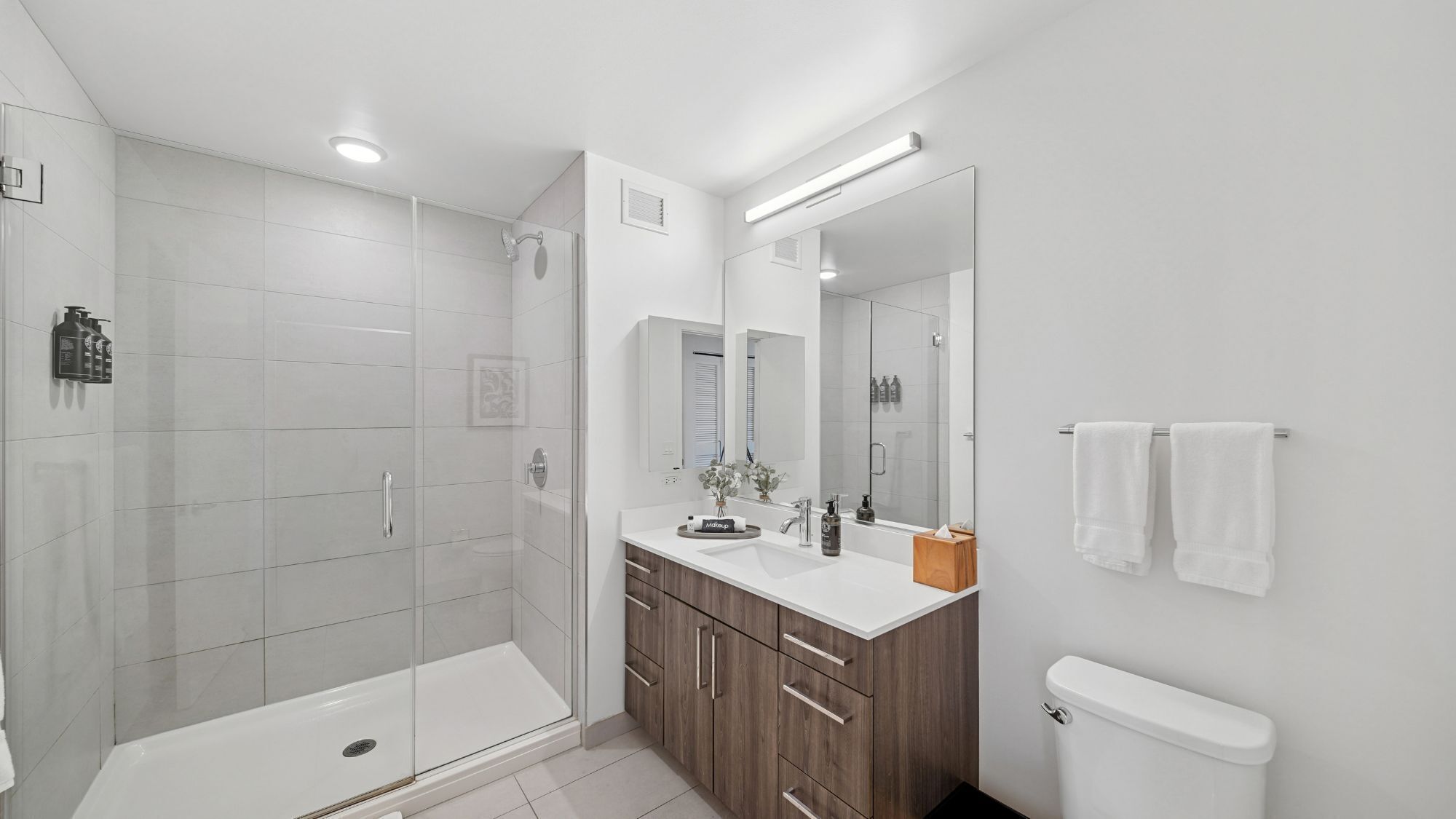 A modern bathroom with a glass-enclosed shower, a vanity with a mirror, and a toilet.