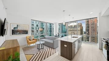 Apartamento premium, 1 quarto | Cozinha privada | Fogão, cooktop, lava-louças, cafeteira/chaleira