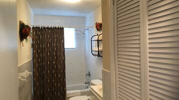 Duschwanne, Haartrockner, Handtücher, Seife