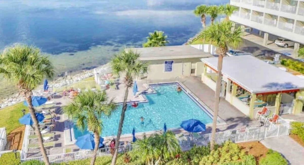 A pool area with a view of the ocean, palm trees, and a building with a flat roof.