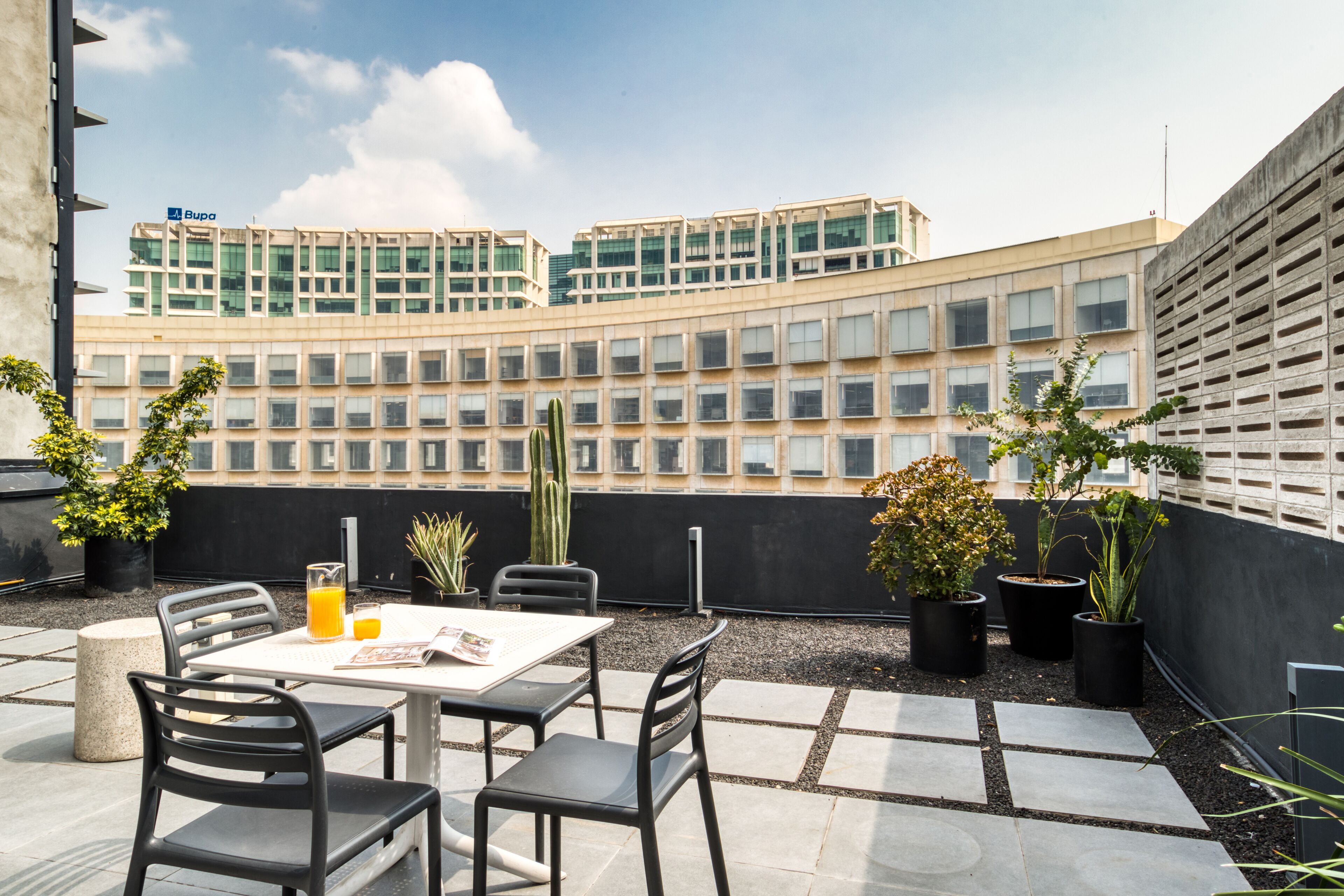 A rooftop terrace with a table and chairs, potted plants, and a view of a building with multiple windows.