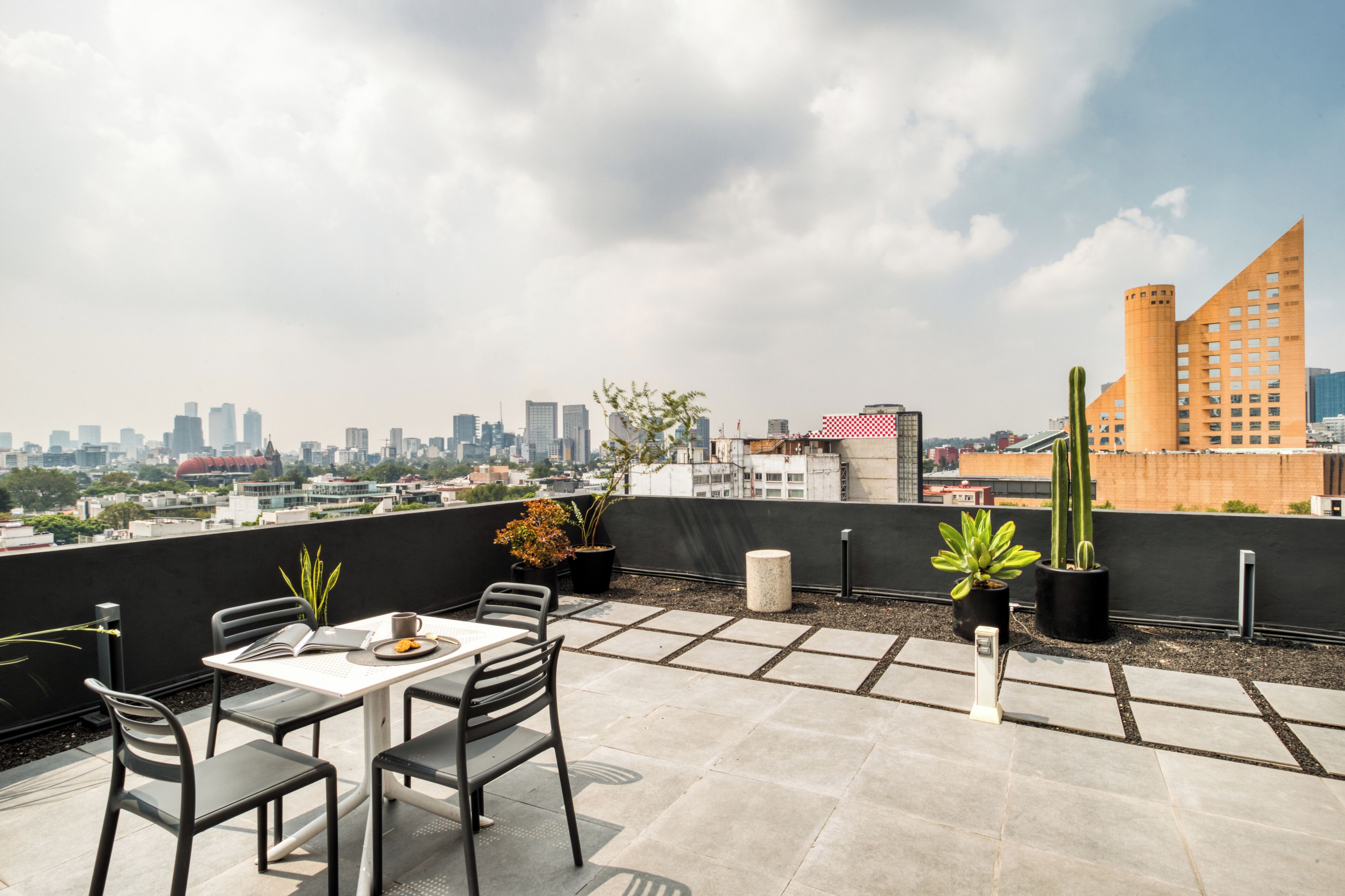 Terraza en la azotea con mesa y sillas, plantas en macetas y vistas al horizonte de la ciudad.