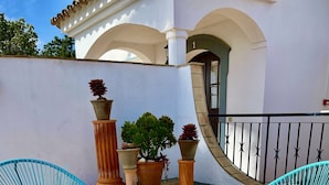 A wooden table with two blue chairs, surrounded by potted plants and a bottle of wine.
