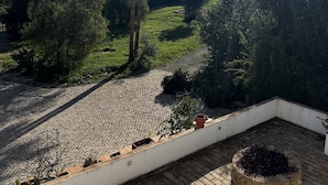 A rooftop terrace with a view of a lush green landscape, a palm tree, and a paved area with potted plants. - The Lemon Tree Villa - Apt. 4 - Algarve/Portugal (Moncarapacho)