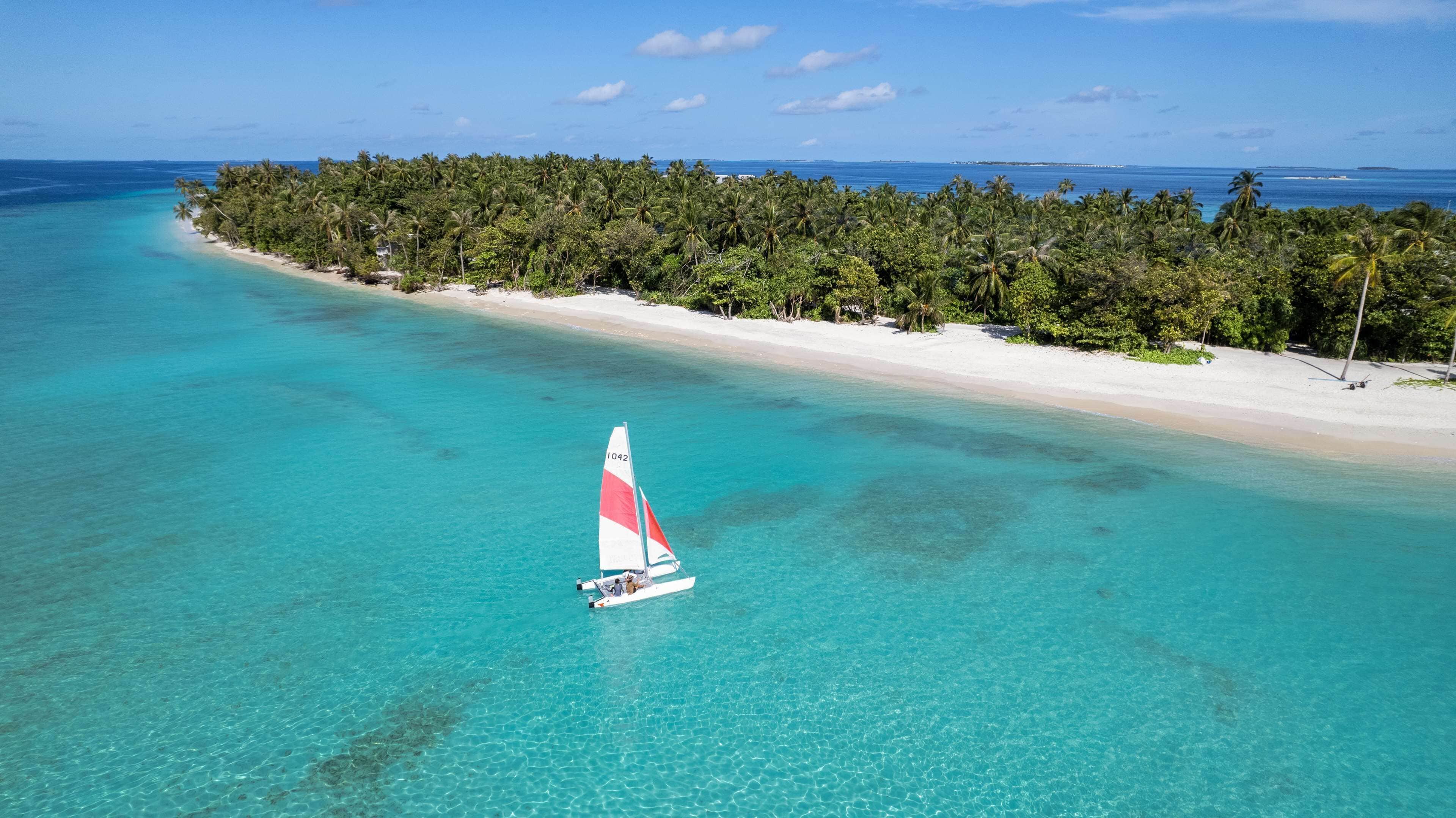 A sailboat on turquoise waters near a white sandy beach with dense palm trees.