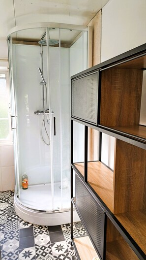 Shower, hair dryer, toilet paper