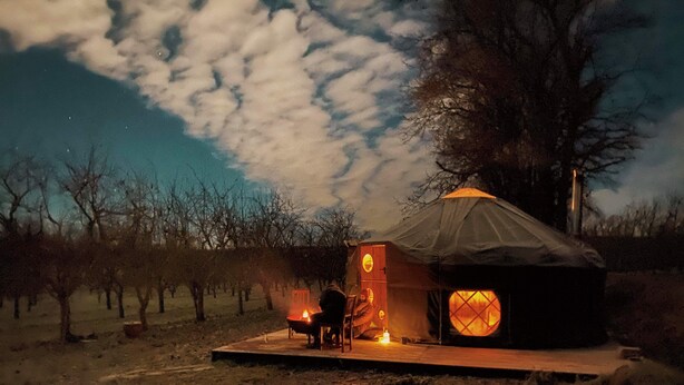 A yurt with a fire inside, surrounded by trees. - Dragon Orchard Retreat (Ledbury)
